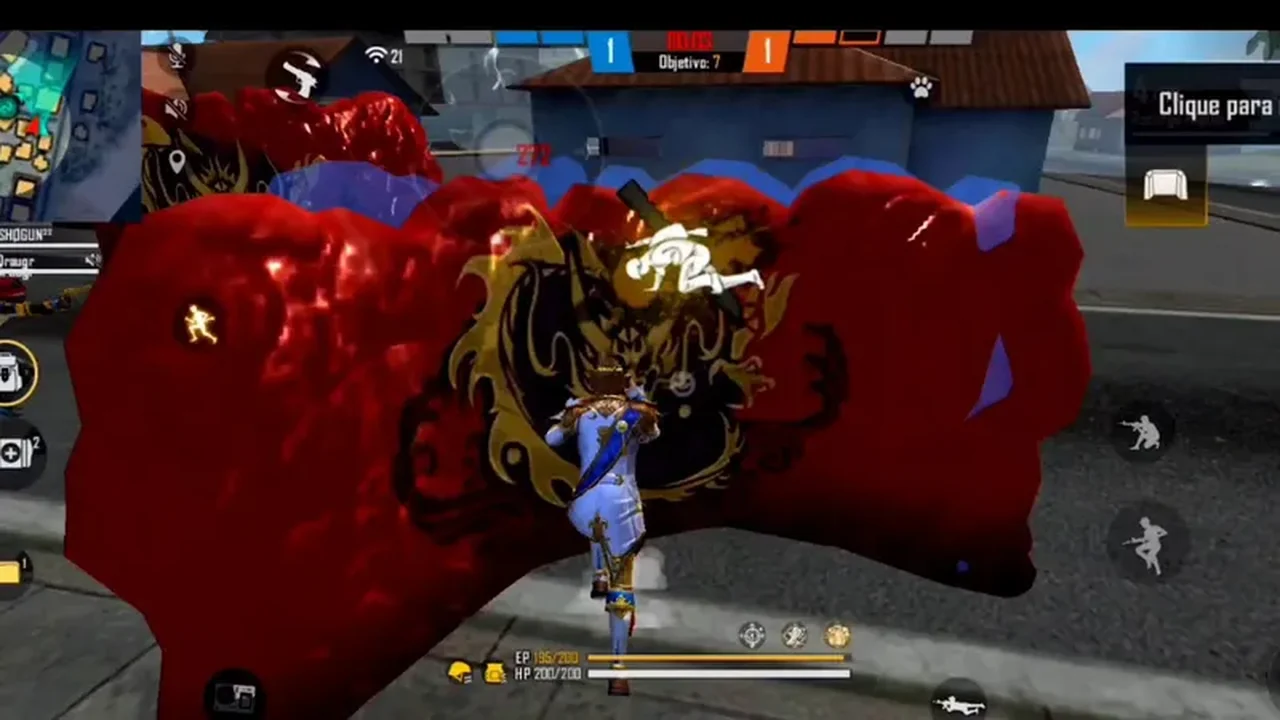 Free Fire player behind a large red gloo wall during a match