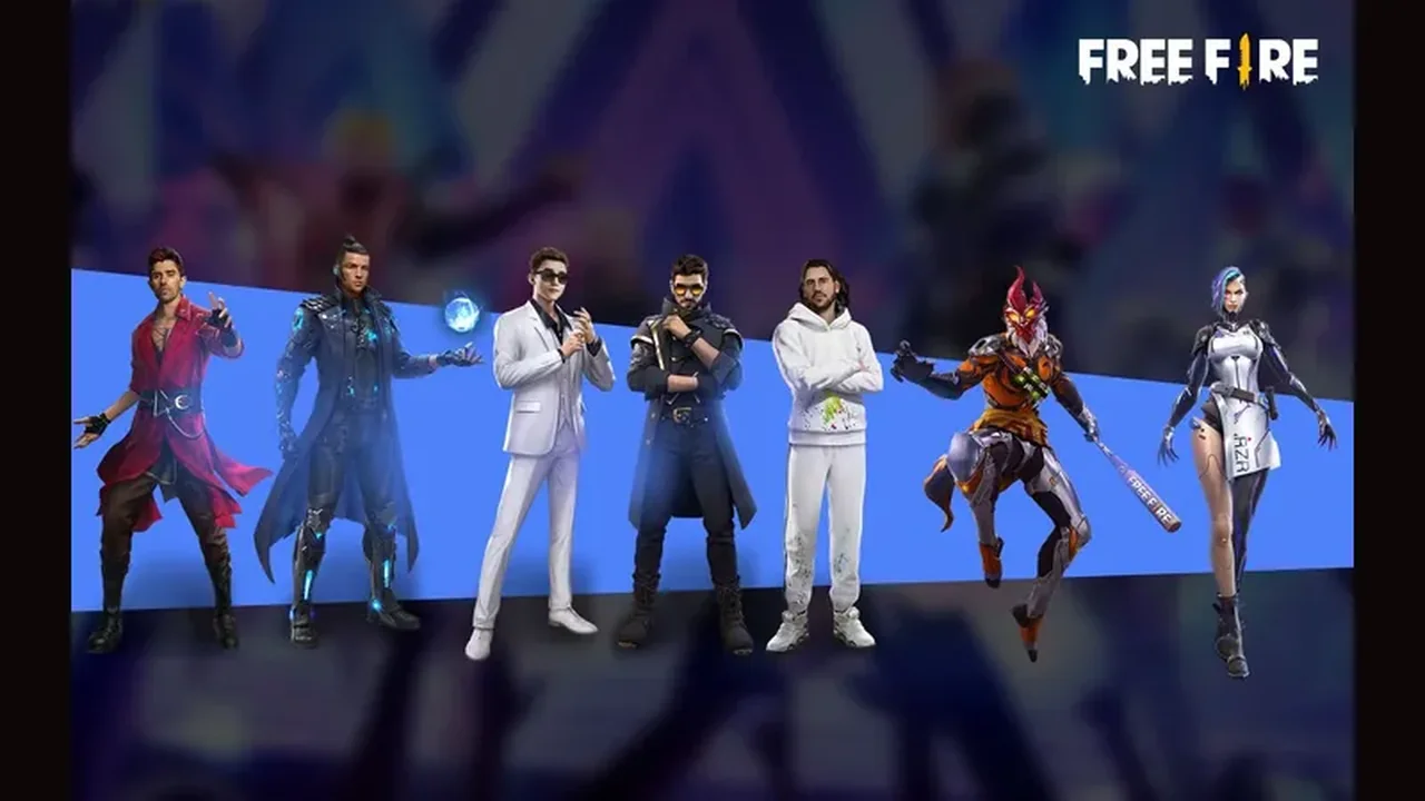 Free Fire characters standing together in a lineup