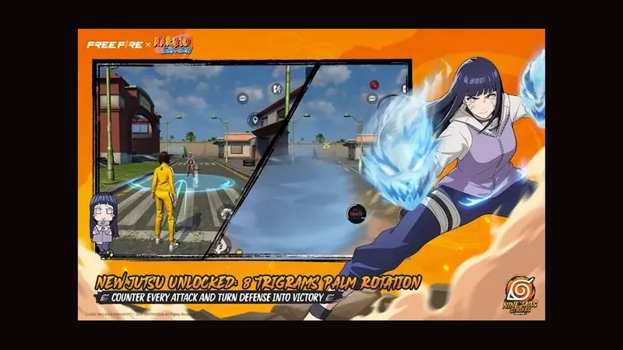 Free Fire character using a blue energy palm defence skill in a street fight