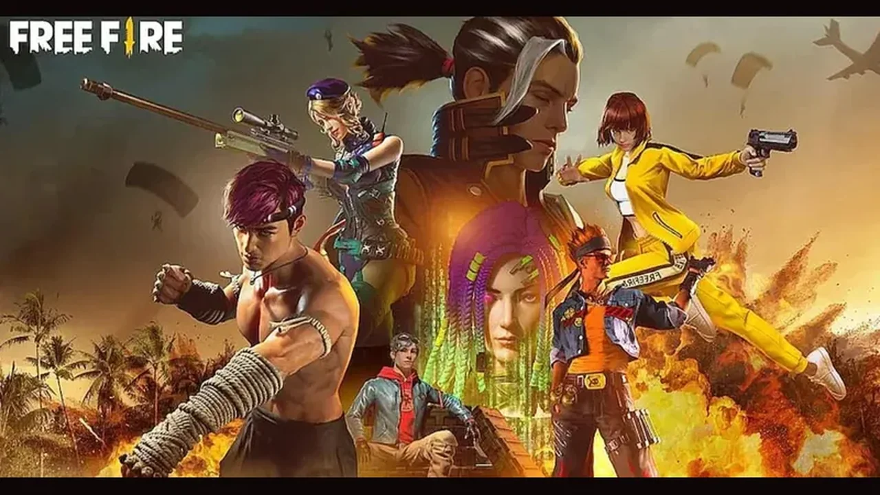 Free Fire characters artwork with a battle scene