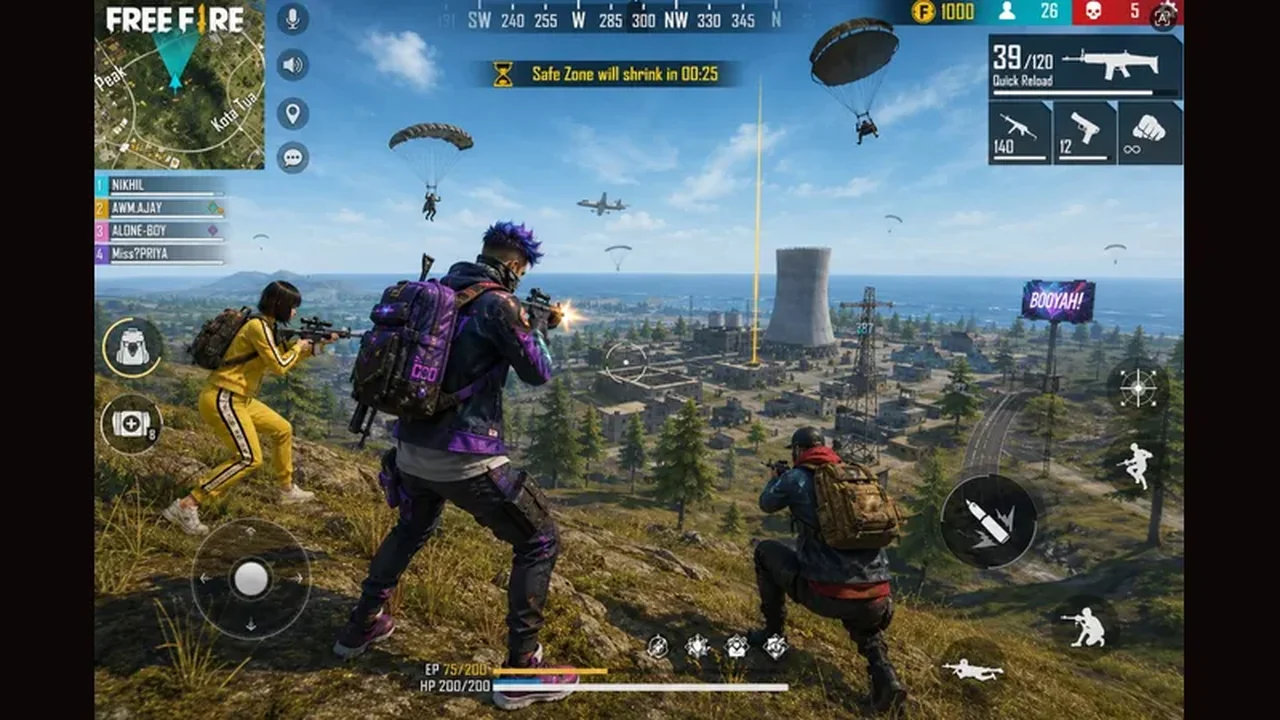 Free Fire squad running together across open ground in a match